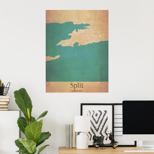 Splitst Vintage Map Poster Kroatië Dalmatia (Thuiskantoor)