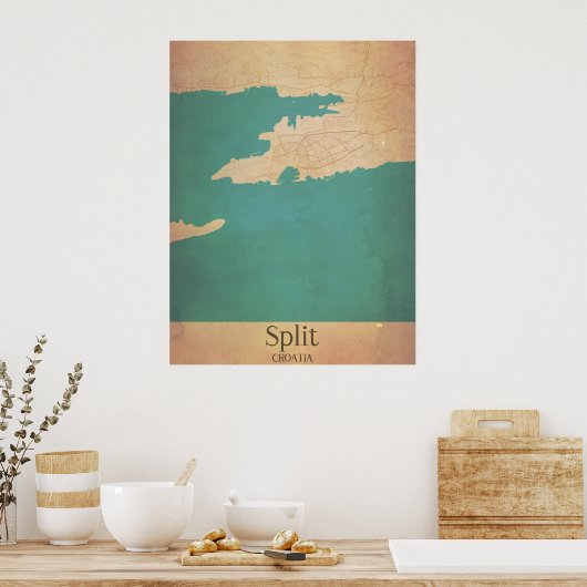 Splitst Vintage Map Poster Kroatië Dalmatia (Keuken)
