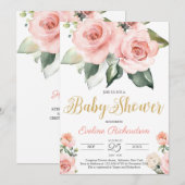Spoelroos florale en gouden baby shower kaart (Voorkant / Achterkant)