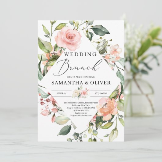 Spoelroze en perzikflorale boho bruiloft brunch kaart (Staand voorkant)