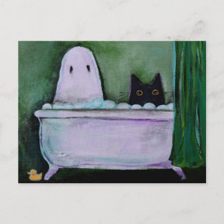 Spok en kat in badkuip Grappige Whimsical Kunst Briefkaart