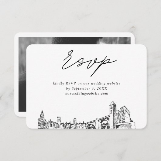 Spokane Bruiloft Minimalistische Schets RSVP Informatiekaartje (Voorkant / Achterkant)