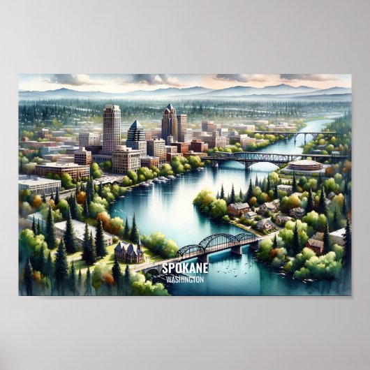 Spokane Washington Beroemde Reisplaatsen waterverf Poster (Voorkant)