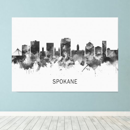 Spokane Washington Skyline BW Canvas Afdruk (Insitu (Houten vloer))