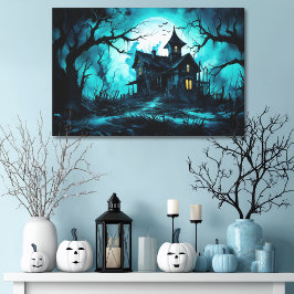 Spoken Halloween-huis bij blauwe schemering Canvas Afdruk