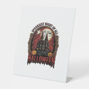 Spoken Huis Halloween Vintage Gravure Spookachtige Reclamebord Met Voetstuk