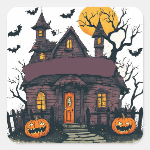 Spoken Huis Met Pompoenen En Volle Maan 🎃 Vierkante Sticker