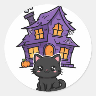 Spoken Huis Zwart Kat Halloween Ronde Sticker