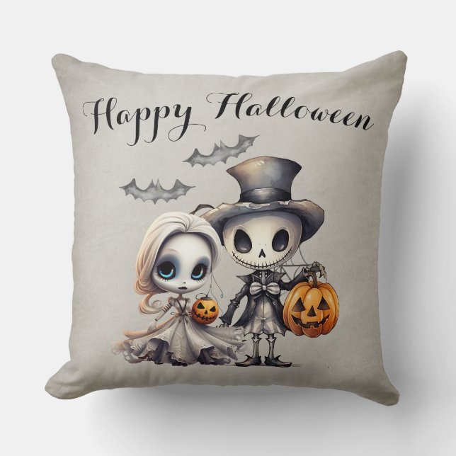 Spokende Geest Pop en Skelet Halloween Kussen (Voorkant)
