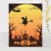 Spokende Zwarte Kat Halloween Design – Modern Mini Kaart (Gele Bloem)