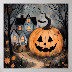 Spokenhuis en Reuzenpompoen Halloween Poster