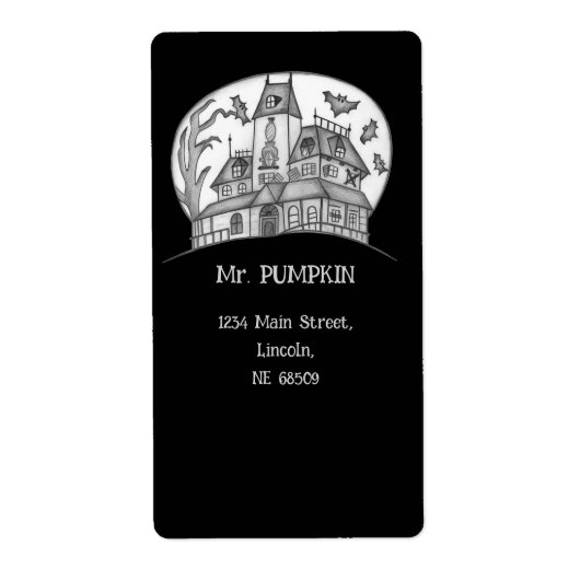 Spokenhuis en vleermuizen Halloween Etiket (Voorkant)