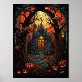 Spokenhuis Gebrandschilderd Glas Halloween Gotisch Poster