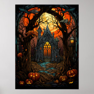 Spokenhuis Gebrandschilderd Glas Halloween Gotisch Poster