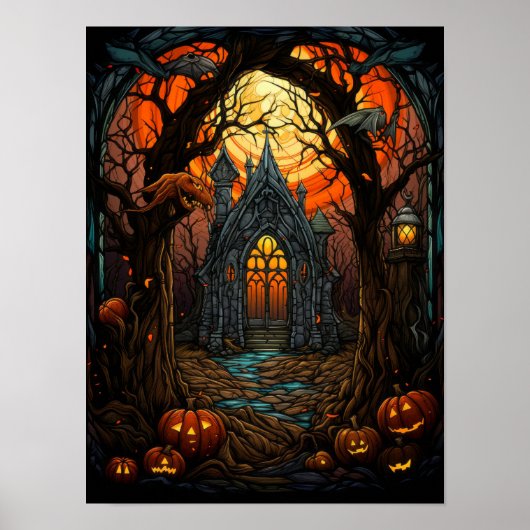 Spokenhuis Gebrandschilderd Glas Halloween Gotisch Poster (Voorkant)
