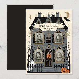 Spokenhuis gezelfgemaakte familiefoto Halloween Feestdagenkaart