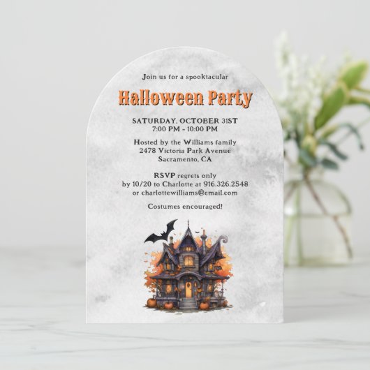 Spokenhuis Griezelige Pompoen Halloween Feest Kaart (Staand voorkant)