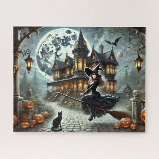 Spokenhuis, Heks & Oude Maan Vintage Halloween Legpuzzel (Horizontaal)