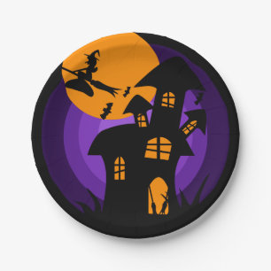 Spokenhuis Heks Paars Oranje Halloween Feest Papieren Bordje