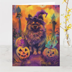 Spokige Keeshond Hond Halloween Heks en Pompoen Kaart