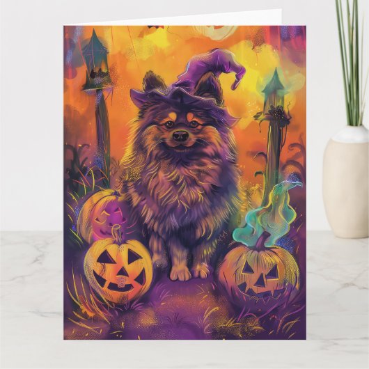 Spokige Keeshond Hond Halloween Heks en Pompoen Kaart (Voorkant)