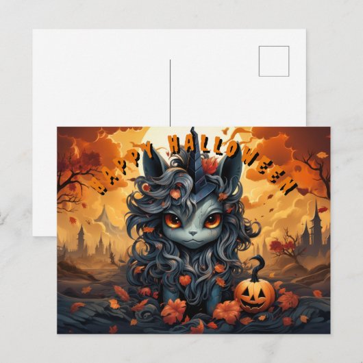 Spoky Halloween eenhoorn met pluizige manen Feestdagenkaart (Voorkant / Achterkant)
