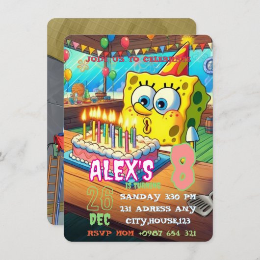Sponge Birthday Invitation FOR KIDS Kaart (Voorkant / Achterkant)