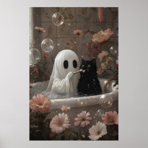 Spook die kattentanden poetst in badkuip print, vi poster