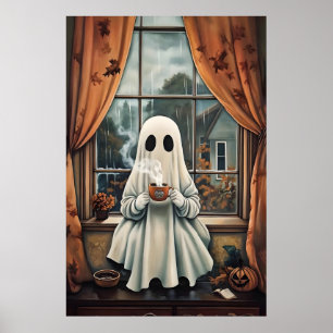 Spook die koffie drinkt print, spook thee grillig poster