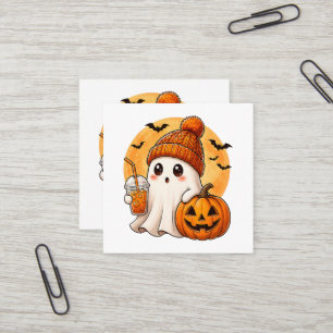 Spook drinkt ijskoffie met pompoen Halloween Vierkante Visitekaartje