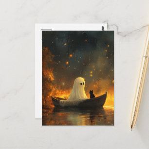 Spook en een kat in een boot briefkaart