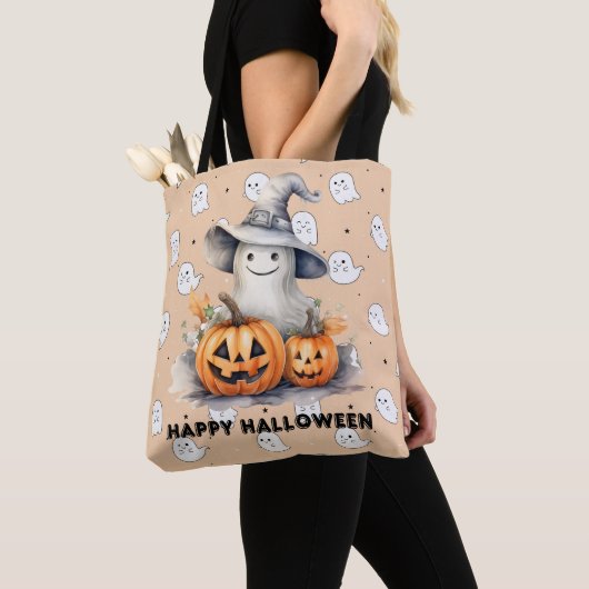 Spook en Jack-O' Lanterns Licht Sinaasappel Hallow Tote Bag (Dichtbij)
