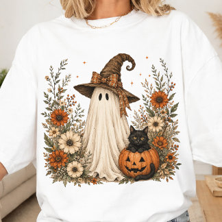 Spook en Pompoen Kat | Whimsical Halloween Geest T-shirt