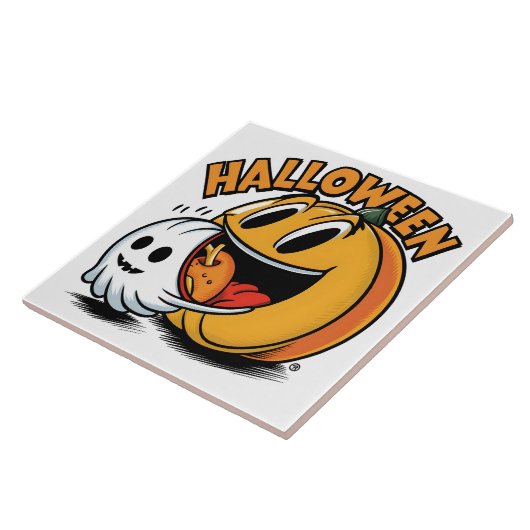 Spook en pompoen vieren Halloween! Tegeltje (Zijkant)