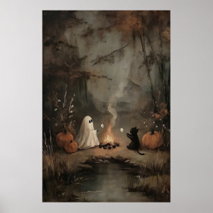 Spook En Zwarte Kat Bij Het Kampvuur Met Marshmall Poster
