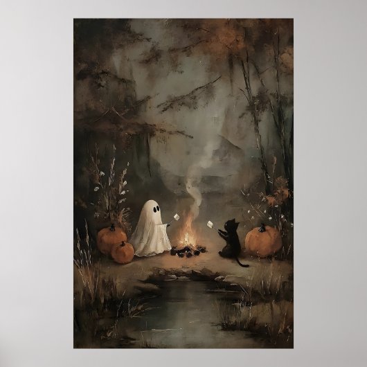 Spook En Zwarte Kat Bij Het Kampvuur Met Marshmall Poster (Voorkant)