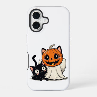 Spook en zwarte kat dragen Halloween-maskers iPhone 16 Hoesje