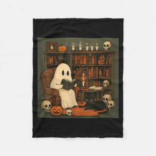 Spook en Zwarte Kat Gezellige Halloween Leesscène Fleece Deken