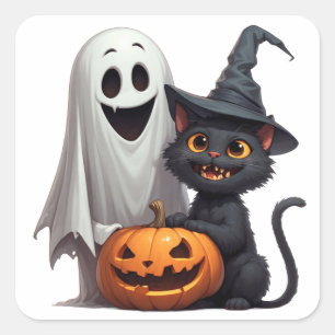 Spook En Zwarte Kat Halloween Feestje 👻 Vierkante Sticker