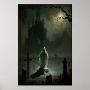 Spook in de begraafplaats bij maanlicht, vintage poster