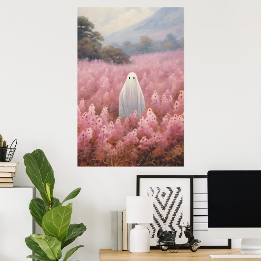 Spook in roze bloemenveld poster (Thuiskantoor)