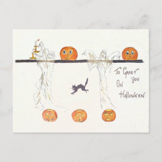 Spook Jack O Lantern Pompoen Zwarte Kat Briefkaart (Voorkant)