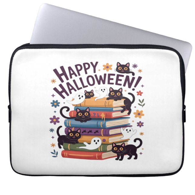 Spook Kat Lezen Boeken Lover Gifts Halloween Spoo Laptop Sleeve (Voorkant)