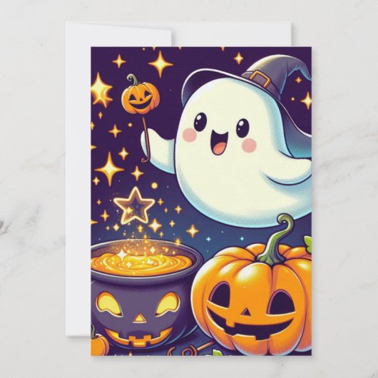 Spook, Ketel, Pompoen, Sterren Halloween Party Kaart (Achterkant)