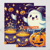 Spook, Ketel, Pompoen, Sterren Halloween Party Kaart (Voorkant / Achterkant)