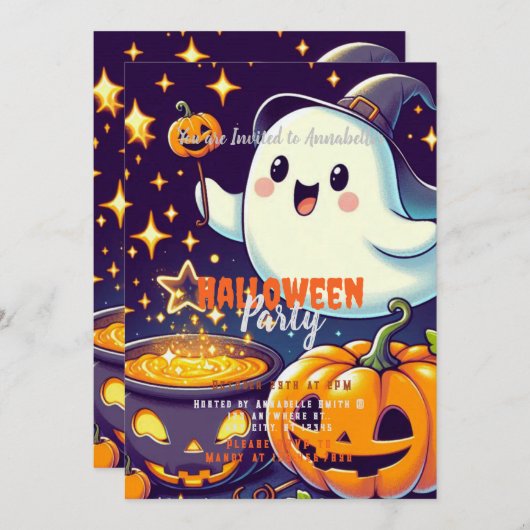 Spook, Ketel, Pompoen, Sterren Halloween Party Kaart (Voorkant / Achterkant)