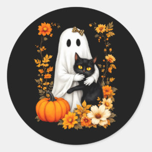 Spook Knuffelende Zwarte Kat Halloween Kattenliefh Ronde Sticker