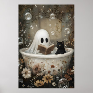 Spook leest boek en zwarte kat neemt een badkuip poster