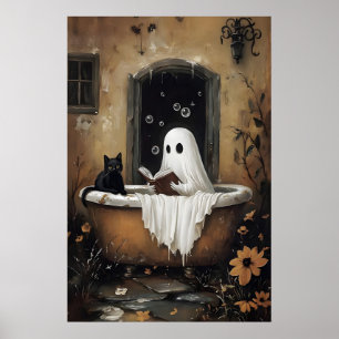 Spook leest boek en zwarte kat neemt een badkuip poster
