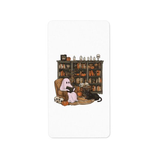 Spook leest boek Kattenliefhebber Halloween Etiket (Voorkant)